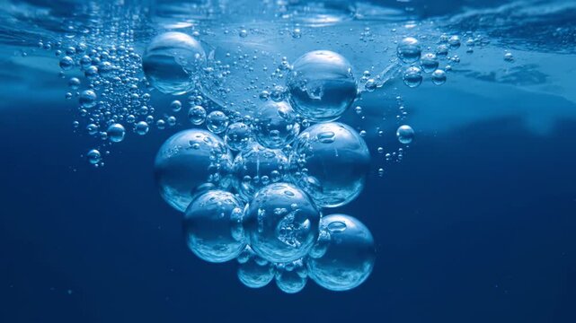 Macro image of air bubbles rising through water, reflecting light. Deep blue background