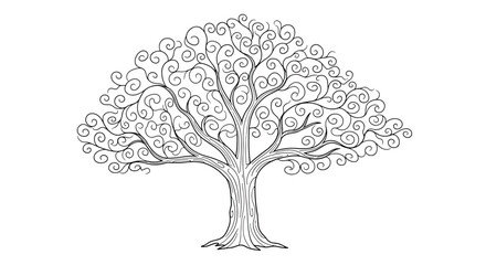 A decorative stylized tree with swirling leaves and branches. .
