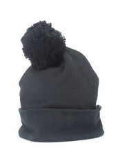 Black knitted winter hat on a white background