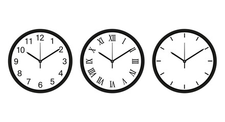 A set of three round analog clocks with Arabic, Roman, and no numerals, all showing the same time.