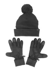 Black knitted winter hat and gloves on a white background