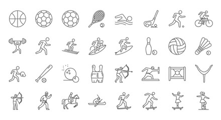 A comprehensive collection of line art icons representing various sports and athletic activities.