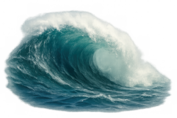 Ocean wave breaking with white foam, showing the raw power of water, natural energy, and fluid dynamics. Transparent background