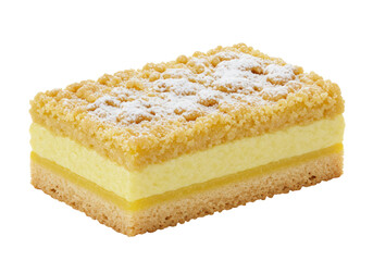 Delicious lemon cheesecake bar isolated, a sweet dessert with crumb topping and powdered sugar for bakery and cafe menus