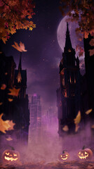 A mysterious and mystical background with pumpkins and a Halloween-style castle. 