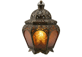 Ornate bronze Moroccan lantern with amber glass isolated, vintage Middle Eastern lamp for Ramadan...