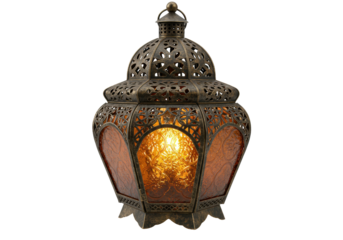 Ornate bronze Moroccan lantern with amber glass isolated, vintage Middle Eastern lamp for Ramadan and Eid decoration