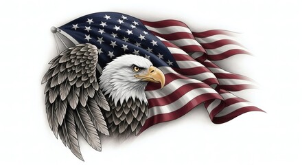 Realistic Bald Eagle Head and Waving American Flag Vector