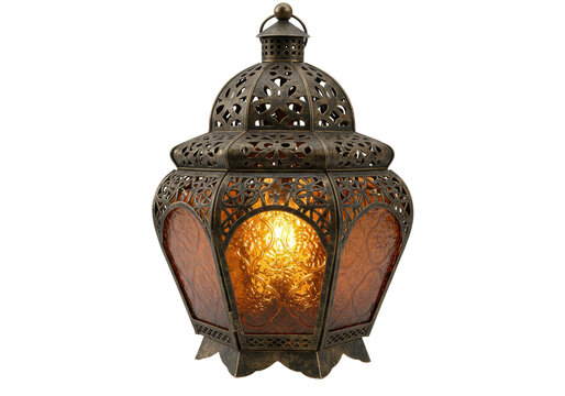 Ornate bronze Moroccan lantern with amber glass isolated, vintage Middle Eastern lamp for Ramadan and Eid decoration - Powered by Adobe