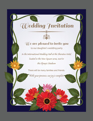 Beautiful wedding invitation card layout design vector surrounded by realistic flowers on blue white background