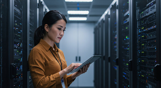 Data center engineer it infrastructure server room technician using tablet for maintenance and monitoring