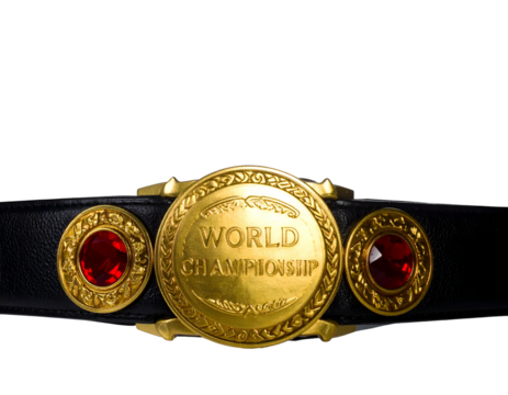 Gold Championship belt with red jewels on a black leather strap against a dark backdrop
