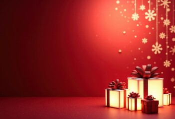 Merry Christmas and Happy New Year red background with 3d glowing gift boxes and snow, card template with place for text