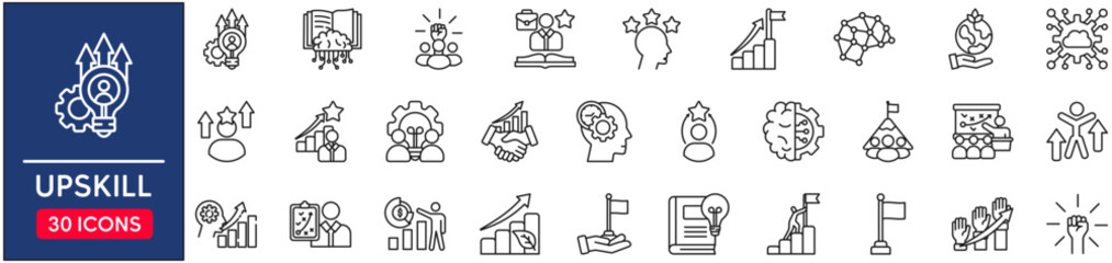 Upskill Web Icon Set in Line Style. vector illustration concept relate to learn, career, skill, training, assessment, set, employee, innovation, digital, monitoring