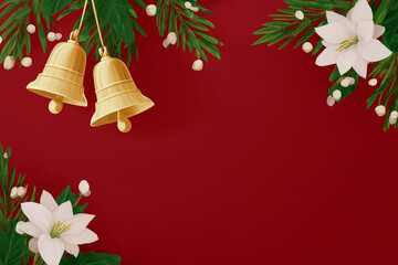 Christmas bells with Christmas flowers as a background. Christmas festive background 