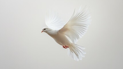 Fototapeta premium White dove flying gracefully against a soft neutral background during daylight