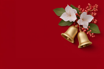 Christmas bells with Christmas flowers as a background. Christmas festive background 