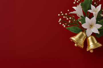 Christmas bells with Christmas flowers as a background. Christmas festive background 