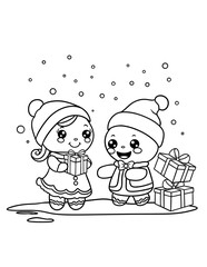 Sweet Christmas Party Gingerbread Cookies Friends Exchanging New Year Gifts Together – Vector Coloring Page for Kids and Adults