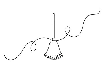 Broom continuous one line drawing minimalist outline vector icon on white background illustration