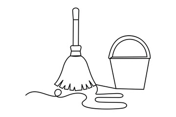 Broom continuous one line drawing minimalist outline vector icon on white background illustration