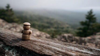 A solitary wooden figurine stands on a weathered log overlooking a misty mountain landscape