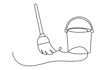 Broom continuous one line drawing minimalist outline vector icon on white background illustration