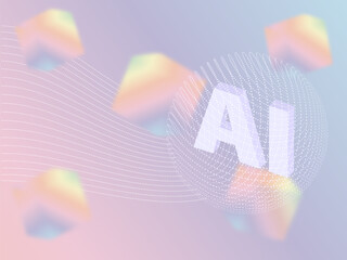 Conceptual technology illustration of artificial intelligence. Vector image in the style of glassmorphism. Colored cubes and dynamic waves on pastel background. Place for your text. EPS 10.