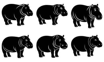 Obraz premium Six stylized hippopotamus illustrations in black and white, perfect for wildlife projects, educational materials, and branding designs