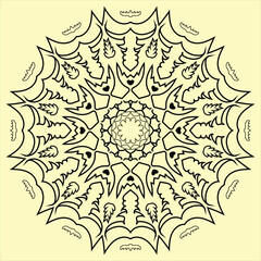 Radial Ornament Illustration with Floral and Heart-Shaped Details on Beige Color