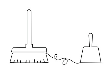 Broom continuous one line drawing minimalist outline vector icon on white background illustration