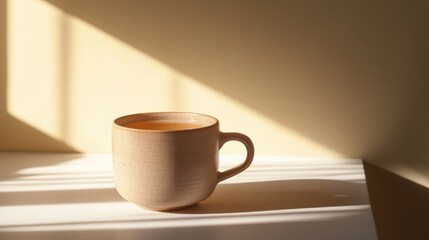 Obraz premium Warm cup of tea on a sunlight-kissed table in a cozy room