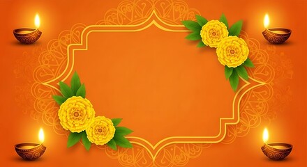 Festive diwali background with diya lamps and marigold flowers creating a warm and inviting atmosphere for celebration and cultural events