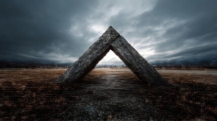 Dramatic ancient stone structure resembling an archway stands in a desolate field under a stormy cloudy sky