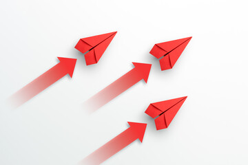 Business competition and Leadership concept with red paper plane and arrow on white background