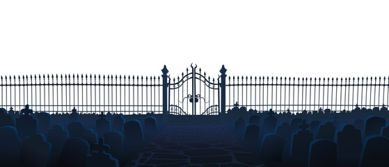 Dark silhouette of a spooky graveyard with tombstones, a stone path, and an ornate wrought iron gate