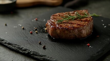 Juicy steak with herbs resting on a dark stone plate in a modern kitchen setting