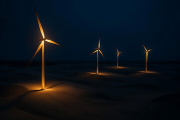 Illuminated Wind Turbines at Night on Dark Sand Dunes
