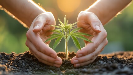 Growing cannabis plant hands seedling marijuana care