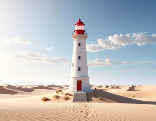 砂漠の真ん中に立つ灯台のシュールな風景。広大な砂丘と青空の下、孤独に佇む赤い屋根の建物が非現実的なアート作品です。希望や道しるべを象徴する、不思議で幻想的なコンセプトのイラストレーション。