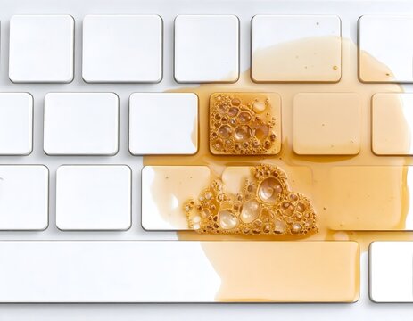 液体をこぼしたキーボードの隙間に浸水する茶色の飲み物