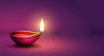 Lit diya lamp radiating light on a purple background for diwali festival celebrations and spiritual themes with copy space available for text