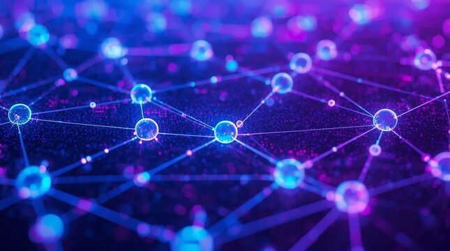 Futuristic digital network background with glowing blue connections and glass nodes, abstract data visualization, neural structure and modern technology concept in vibrant cyber light