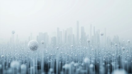 Modern city skyline surrounded by abstract floating spheres in a misty environment during early morning hours
