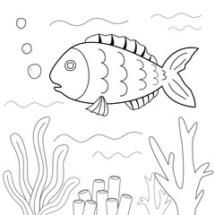 Underwater Fish Line Art Vector with Seaweed Plants and Bubbles for Print and Web