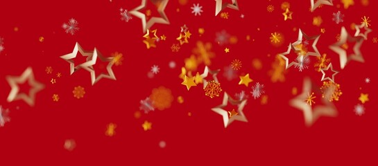 Festive background of gold stars and snowflakes against a vibrant red backdrop. Perfect for Christmas, New Year, or holiday designs. Celebrate t