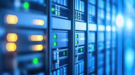 Data center filled with server racks and blinking lights at night highlighting technology and connectivity