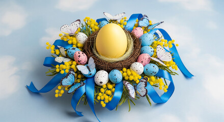 Festive easter egg nest adorned with yellow mimosa flowers, blue ribbons, and delicate butterfly decorations, set against a soft blue sky background