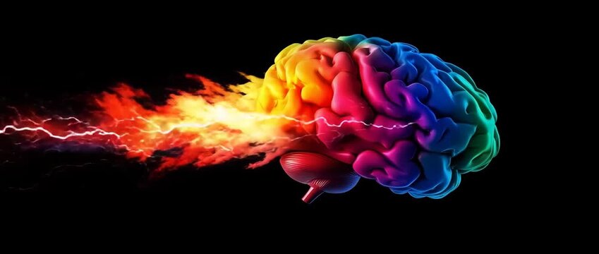 Human Brain Illuminated with Fiery Energy and Lightning Strikes mind intelligence