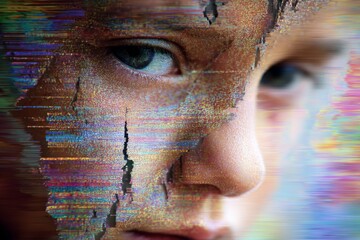 Close up of a person's face shows digital glitch effect with horizontal colorful streaks and pixelation distortion.